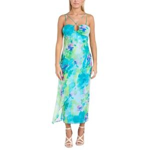 Macy's Midi Dress Women Size 9 Blue Floral 40021 Watercolor Summer Wrap Style